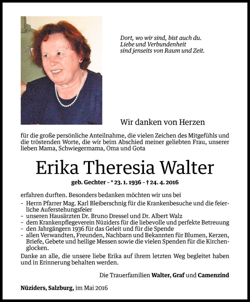  Todesanzeige für Erika Theresia Walter vom 21.05.2016 aus Vorarlberger Nachrichten