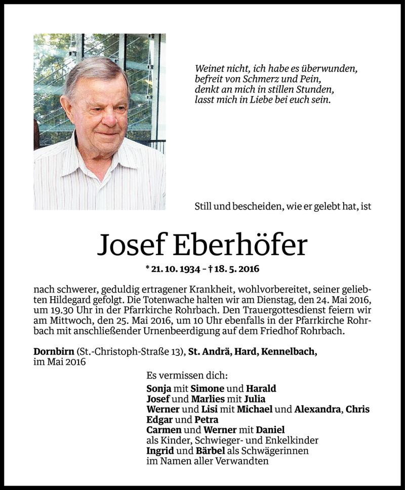  Todesanzeige für Josef Eberhöfer vom 20.05.2016 aus Vorarlberger Nachrichten