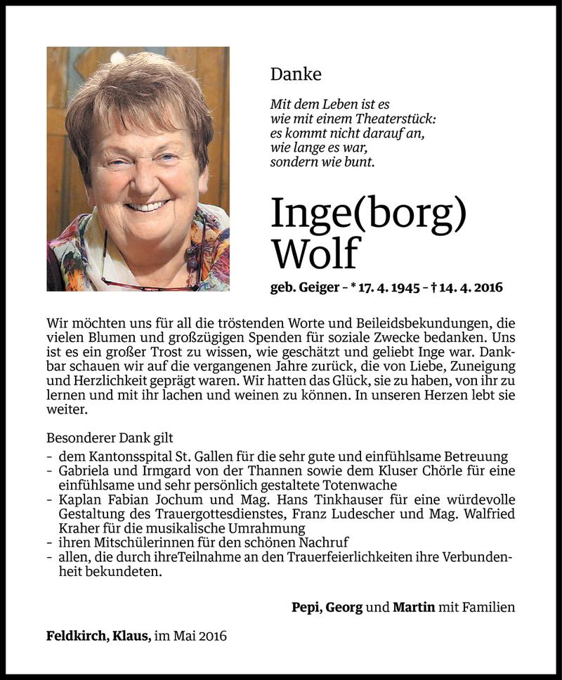  Todesanzeige für Ingeborg Wolf vom 20.05.2016 aus Vorarlberger Nachrichten