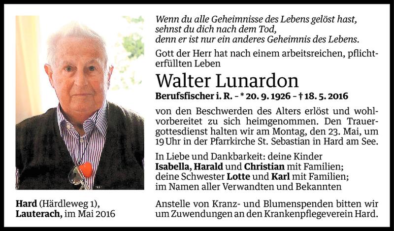  Todesanzeige für Walter Lunardon vom 20.05.2016 aus Vorarlberger Nachrichten