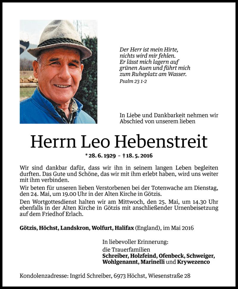  Todesanzeige für Leo Hebenstreit vom 21.05.2016 aus Vorarlberger Nachrichten