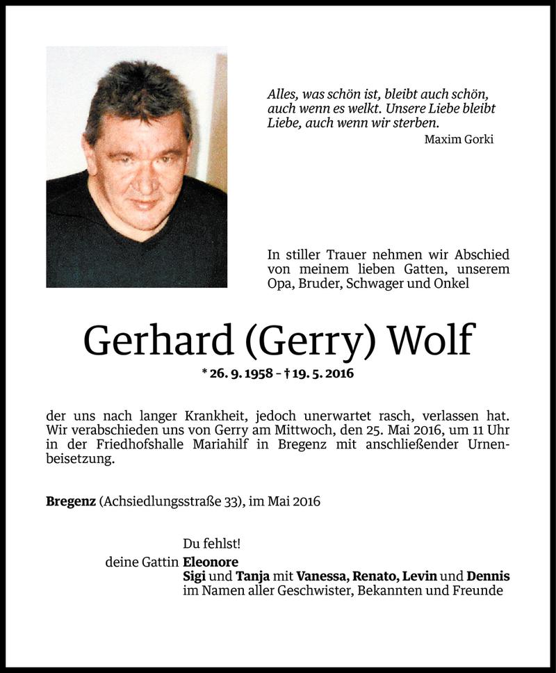  Todesanzeige für Gerhard Wolf vom 22.05.2016 aus Vorarlberger Nachrichten