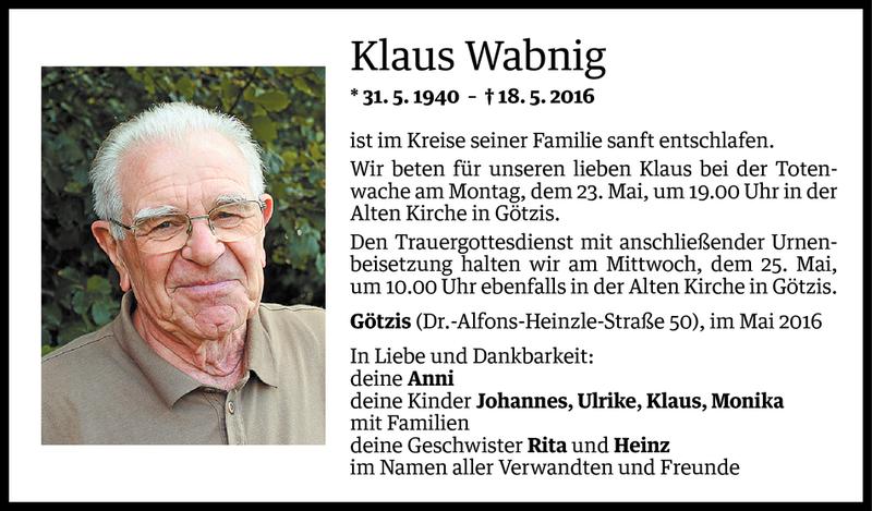  Todesanzeige für Klaus Wabnig vom 21.05.2016 aus Vorarlberger Nachrichten