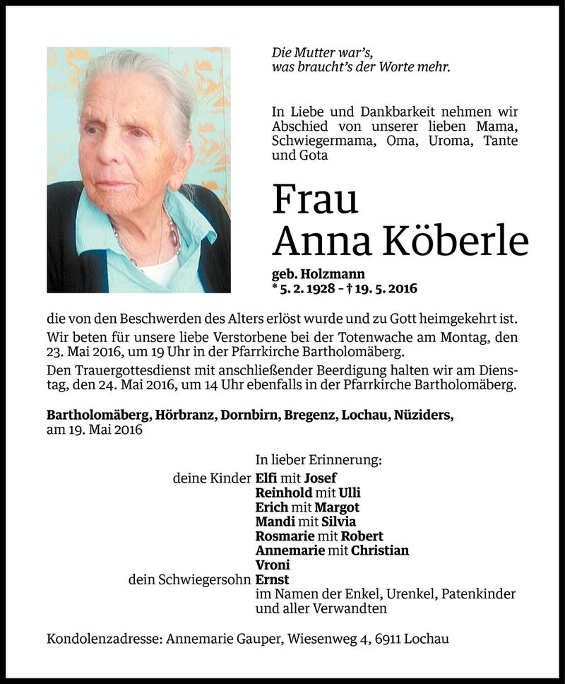  Todesanzeige für Anna Köberle vom 21.05.2016 aus Vorarlberger Nachrichten