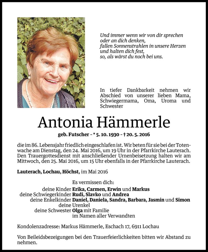  Todesanzeige für Antonia Hämmerle vom 22.05.2016 aus Vorarlberger Nachrichten