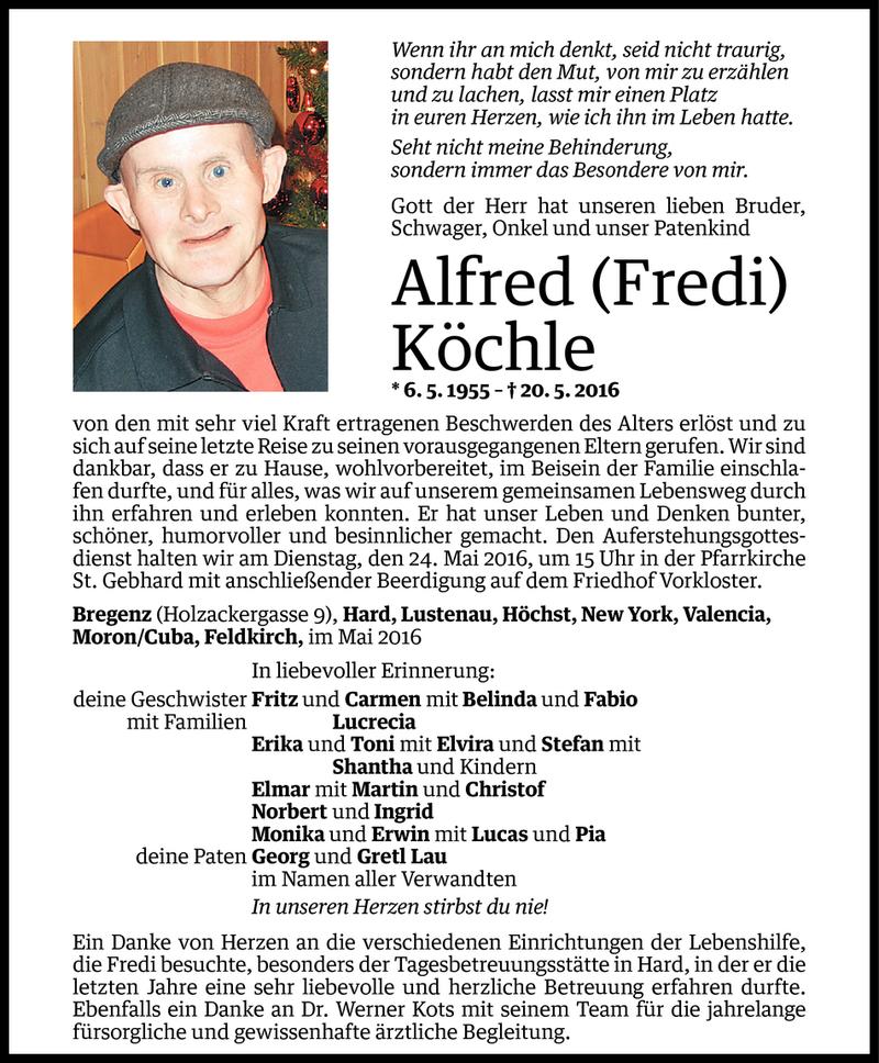  Todesanzeige für Alfred Köchle vom 22.05.2016 aus Vorarlberger Nachrichten