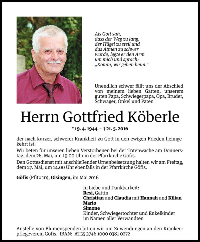  Todesanzeige für Gottfried Köberle vom 24.05.2016 aus Vorarlberger Nachrichten