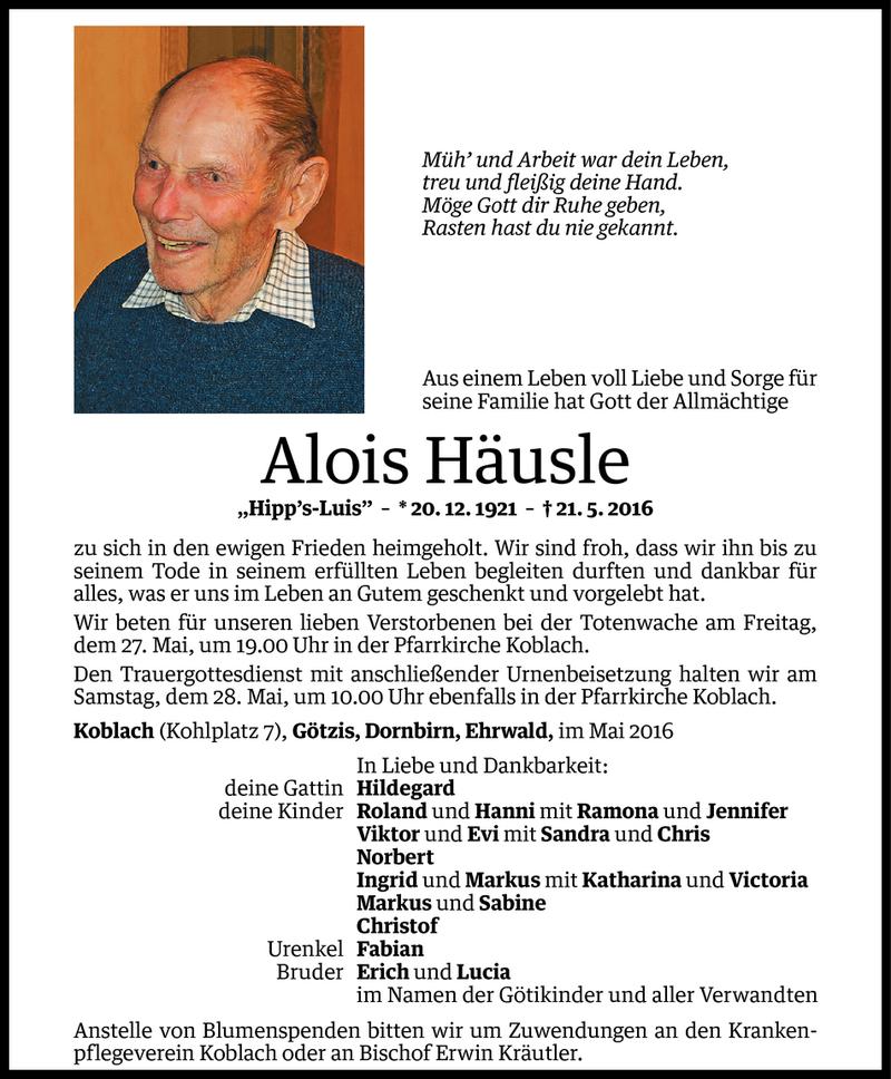  Todesanzeige für Alois Häusle vom 24.05.2016 aus Vorarlberger Nachrichten