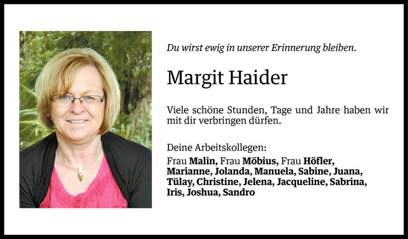  Todesanzeige für Margit Haider vom 23.05.2016 aus Vorarlberger Nachrichten