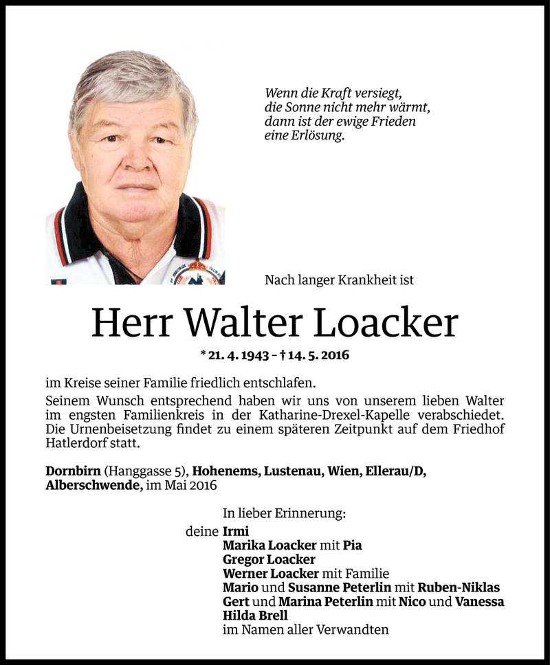  Todesanzeige für Walter Loacker vom 28.05.2016 aus Vorarlberger Nachrichten