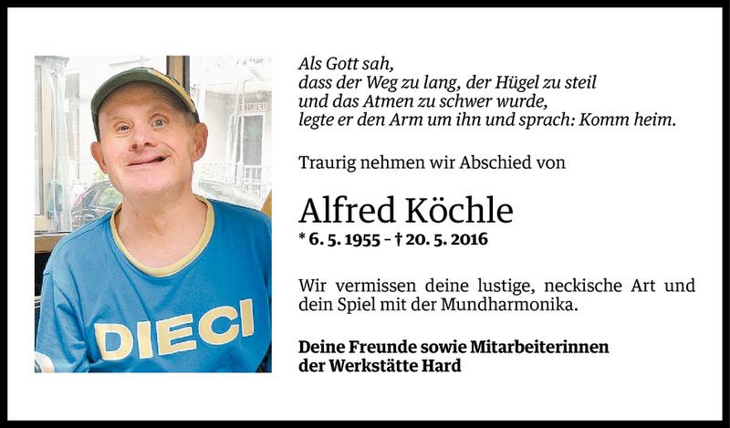  Todesanzeige für Alfred Köchle vom 24.05.2016 aus Vorarlberger Nachrichten