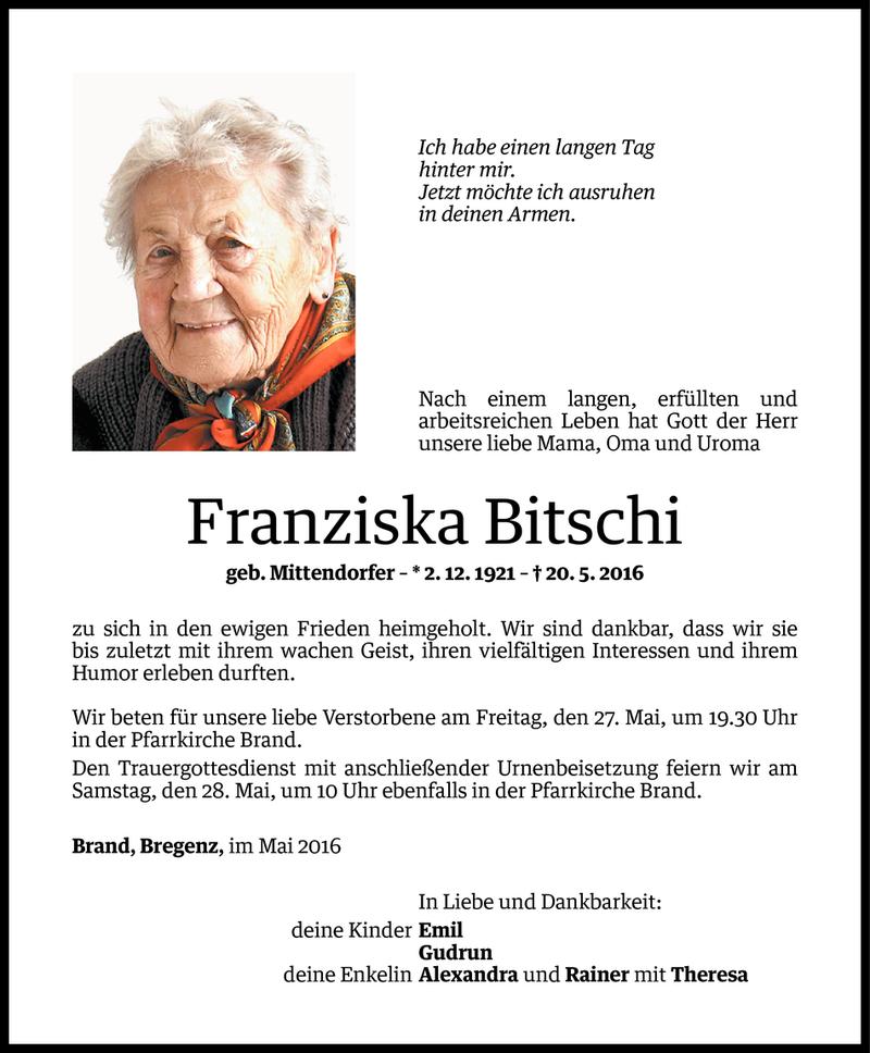  Todesanzeige für Franziska Bitschi vom 25.05.2016 aus Vorarlberger Nachrichten