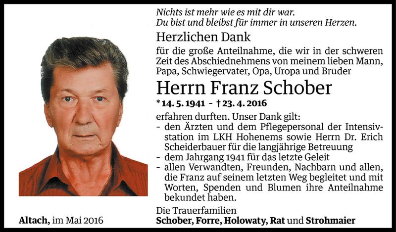 Todesanzeige für Franz Schober vom 24.05.2016 aus Vorarlberger Nachrichten