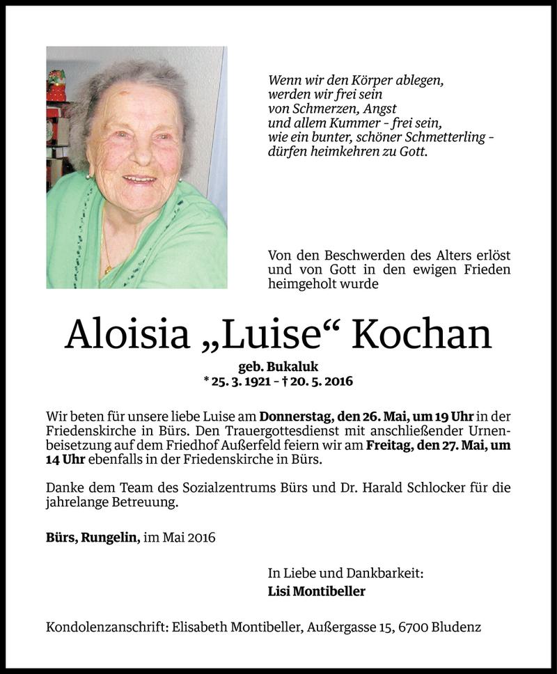  Todesanzeige für Aloisia Kochan vom 24.05.2016 aus Vorarlberger Nachrichten