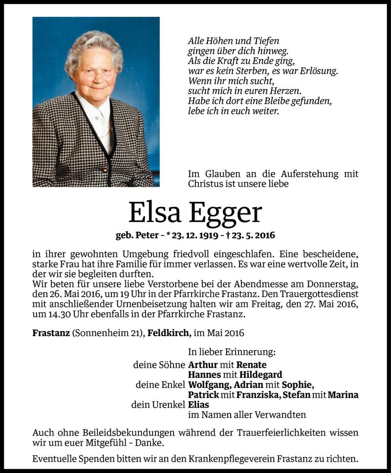  Todesanzeige für Elsa Egger vom 24.05.2016 aus Vorarlberger Nachrichten