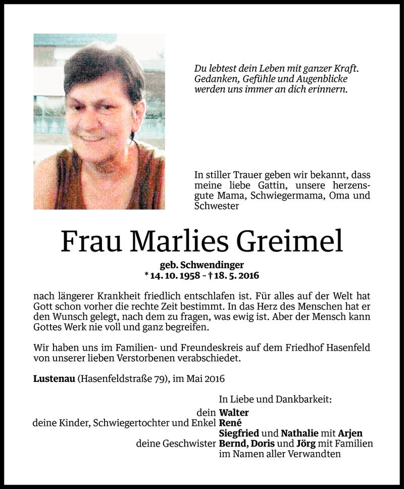  Todesanzeige für Marlies Greimel vom 25.05.2016 aus Vorarlberger Nachrichten