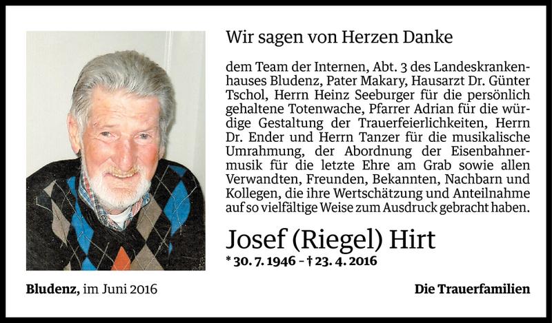  Todesanzeige für Josef Hirt vom 01.06.2016 aus Vorarlberger Nachrichten