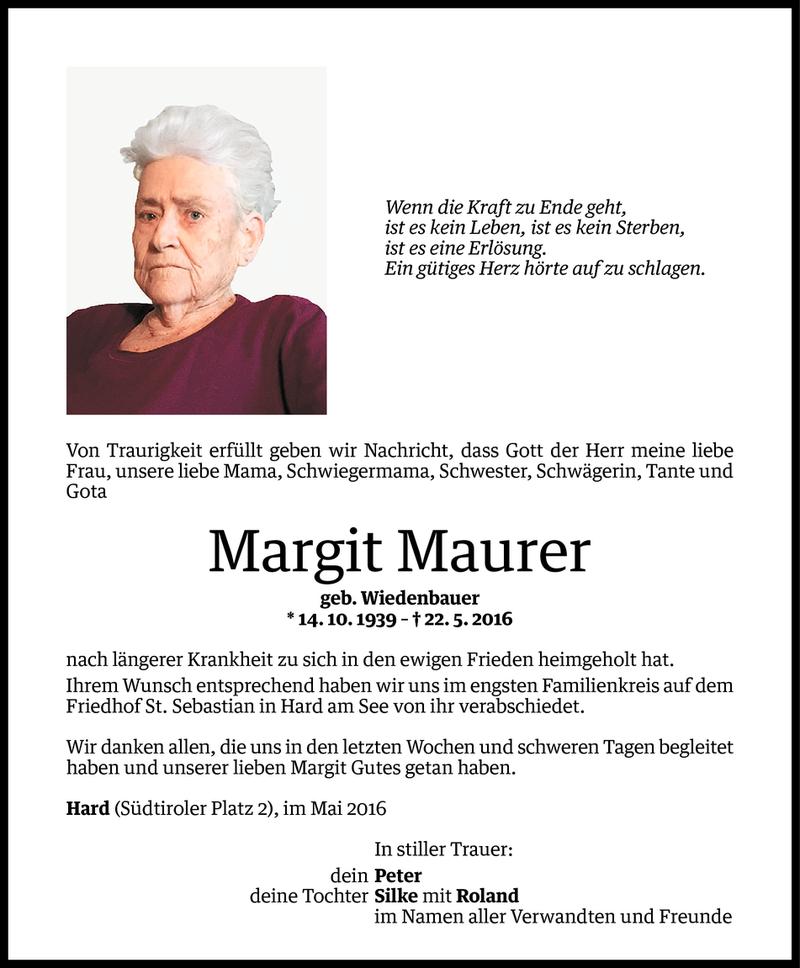  Todesanzeige für Margit Maurer vom 28.05.2016 aus Vorarlberger Nachrichten