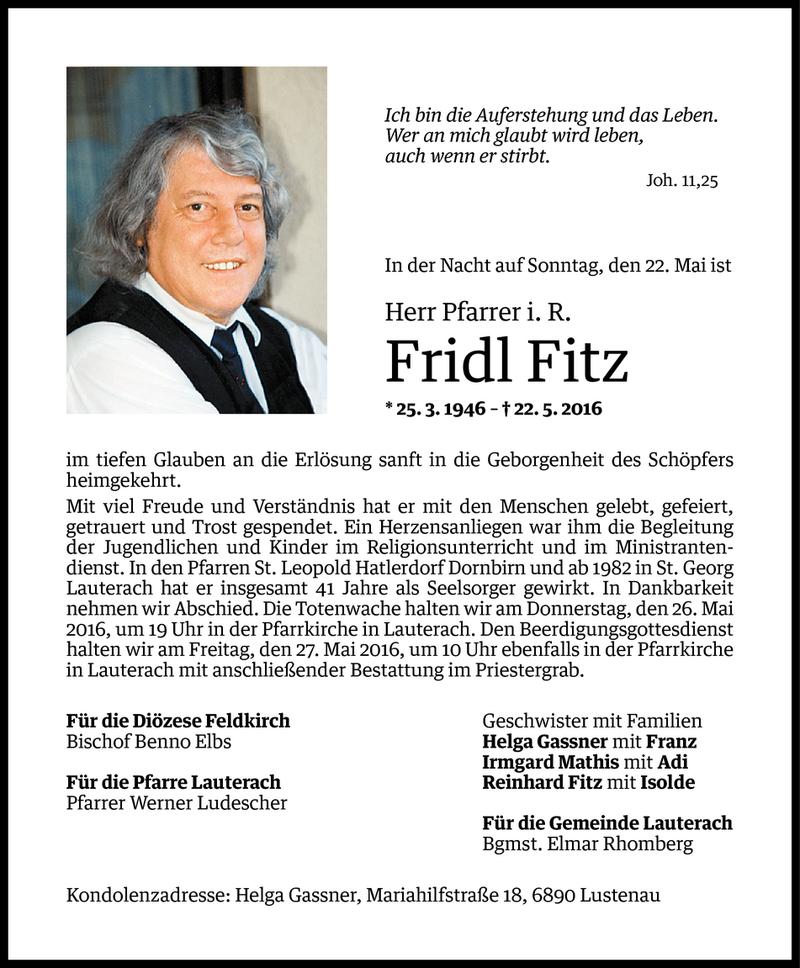  Todesanzeige für Fridl Fitz vom 24.05.2016 aus Vorarlberger Nachrichten