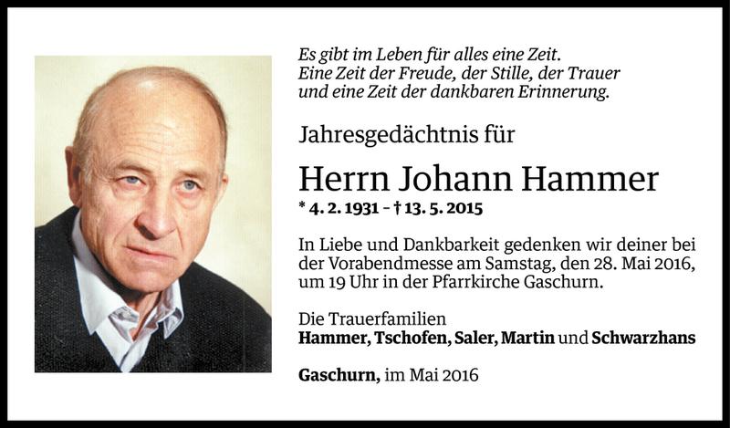  Todesanzeige für Johann Hammer vom 25.05.2016 aus Vorarlberger Nachrichten