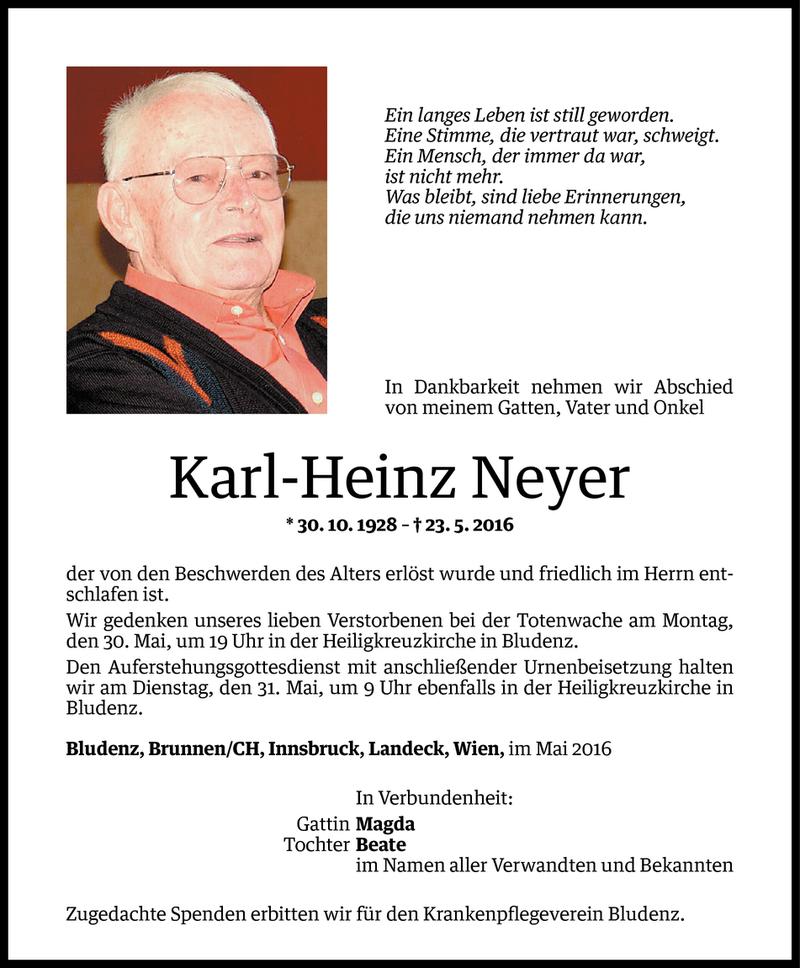  Todesanzeige für Karl-Heinz Neyer vom 28.05.2016 aus Vorarlberger Nachrichten