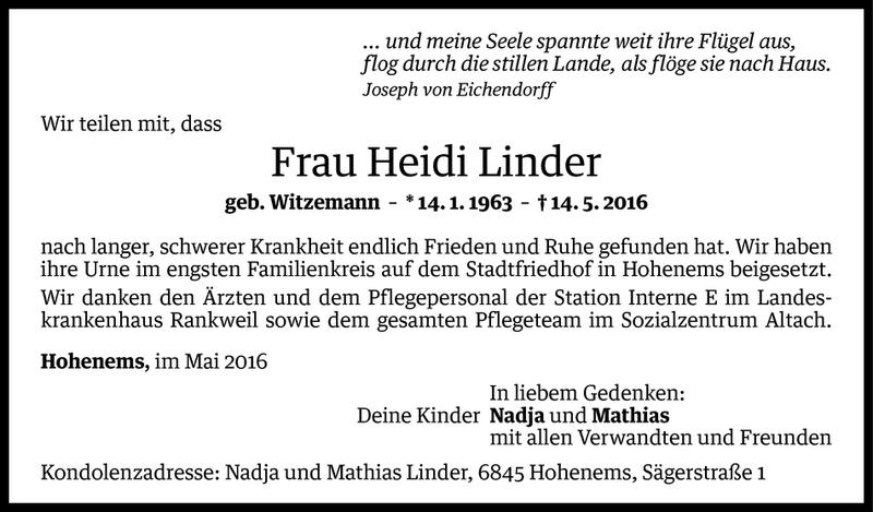  Todesanzeige für Heidi Linder vom 28.05.2016 aus Vorarlberger Nachrichten