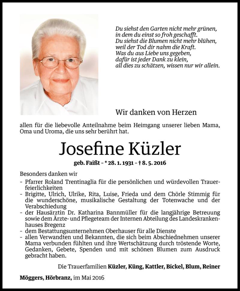  Todesanzeige für Josefine Küzler vom 27.05.2016 aus Vorarlberger Nachrichten