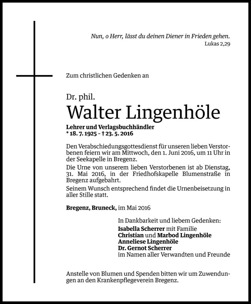  Todesanzeige für Walter Lingenhöle vom 27.05.2016 aus Vorarlberger Nachrichten