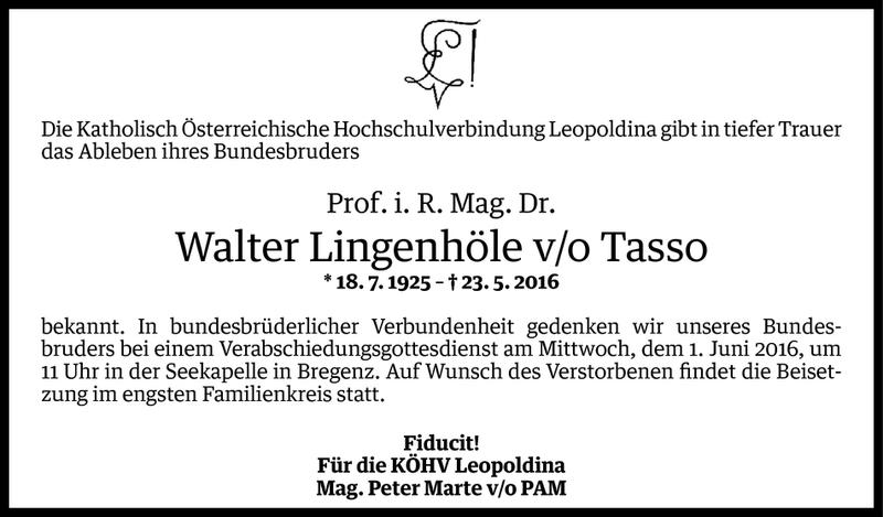  Todesanzeige für Walter Lingenhöle vom 27.05.2016 aus Vorarlberger Nachrichten