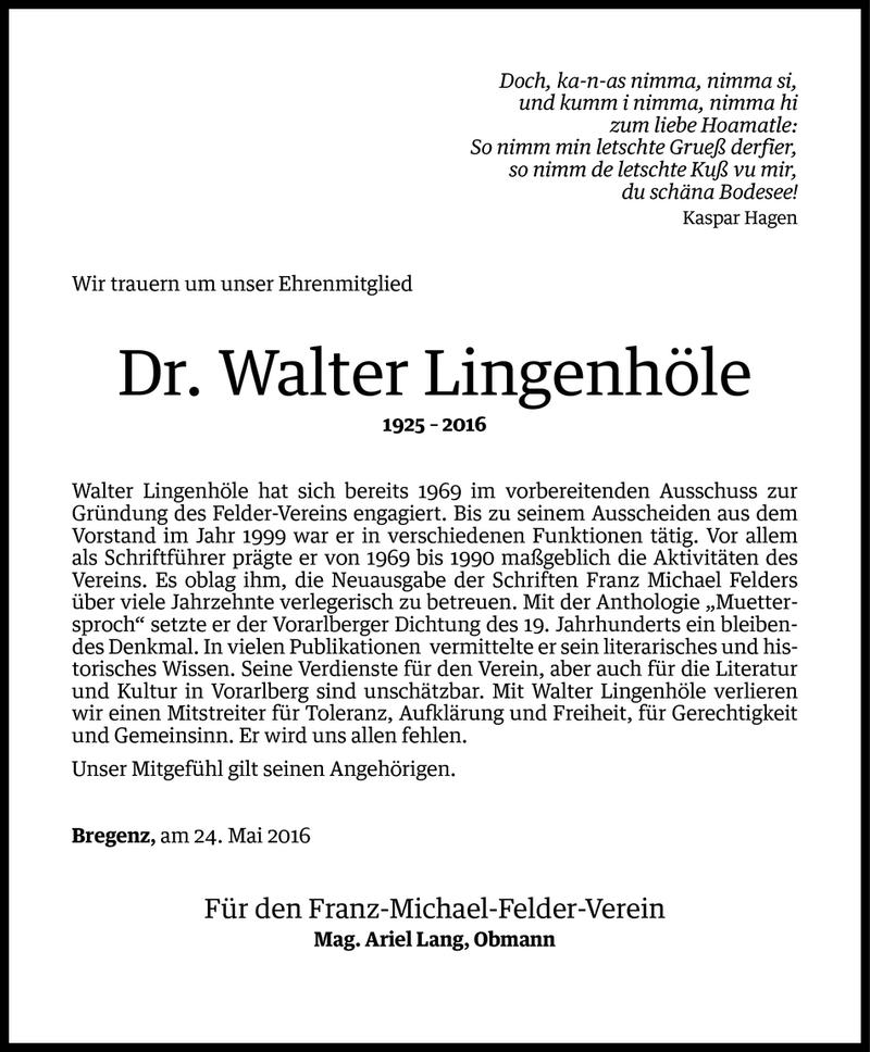  Todesanzeige für Walter Lingenhöle vom 27.05.2016 aus Vorarlberger Nachrichten