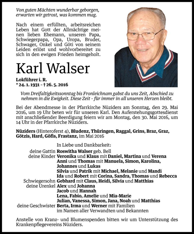  Todesanzeige für Karl Walser vom 27.05.2016 aus Vorarlberger Nachrichten