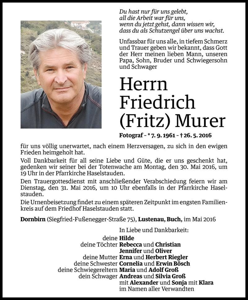  Todesanzeige für Friedrich Murer vom 27.05.2016 aus Vorarlberger Nachrichten