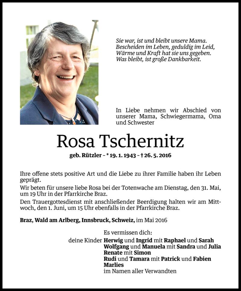  Todesanzeige für Rosa Tschernitz vom 30.05.2016 aus Vorarlberger Nachrichten