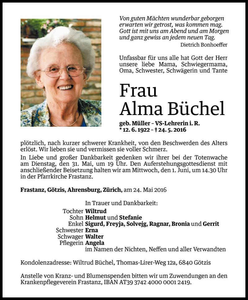  Todesanzeige für Alma Büchel vom 29.05.2016 aus Vorarlberger Nachrichten