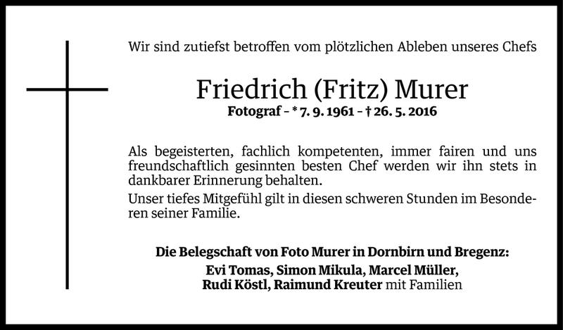  Todesanzeige für Friedrich Murer vom 29.05.2016 aus Vorarlberger Nachrichten