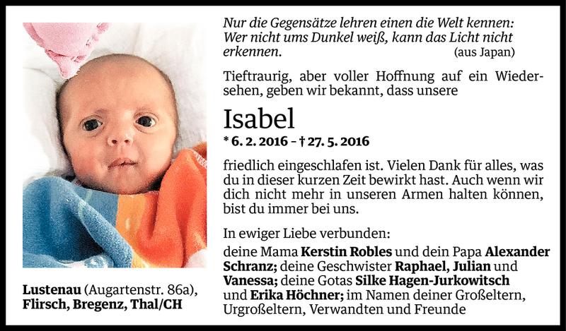  Todesanzeige für Isabel Robles vom 29.05.2016 aus Vorarlberger Nachrichten