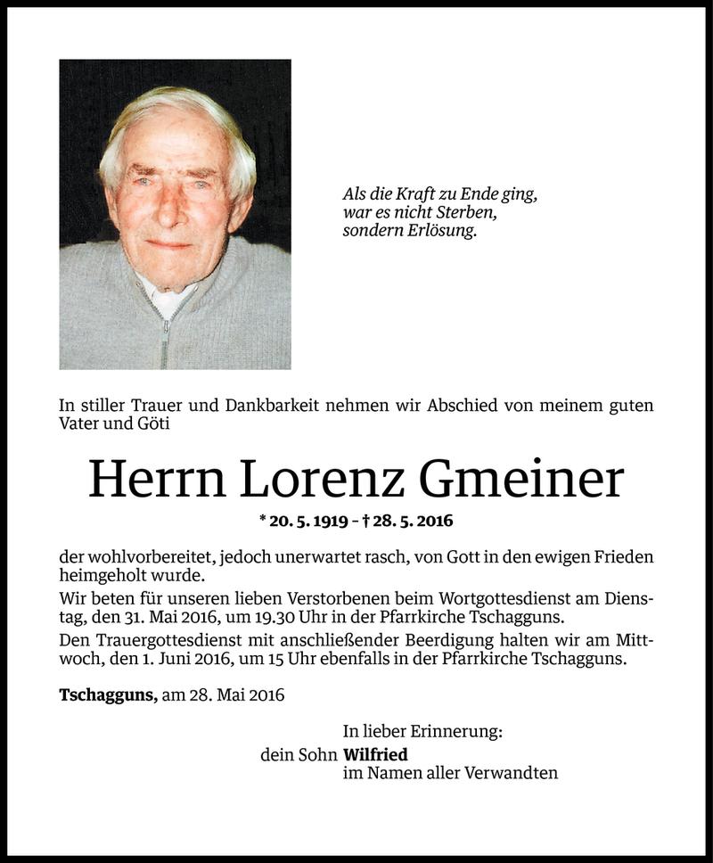  Todesanzeige für Lorenz Gmeiner vom 29.05.2016 aus Vorarlberger Nachrichten