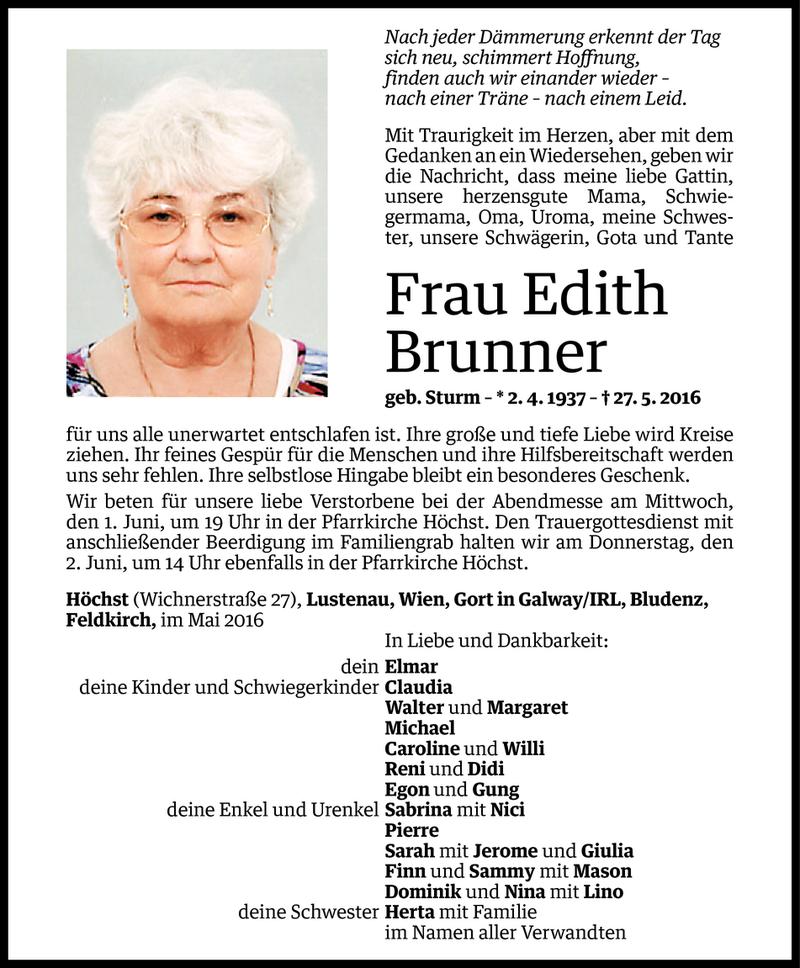  Todesanzeige für Edith Brunner vom 29.05.2016 aus Vorarlberger Nachrichten