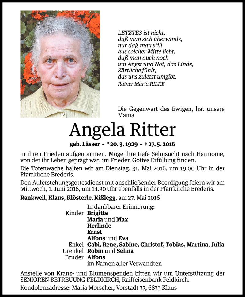  Todesanzeige für Angela Ritter vom 30.05.2016 aus Vorarlberger Nachrichten