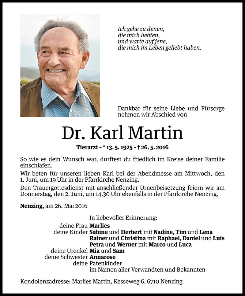  Todesanzeige für Karl Martin vom 29.05.2016 aus Vorarlberger Nachrichten