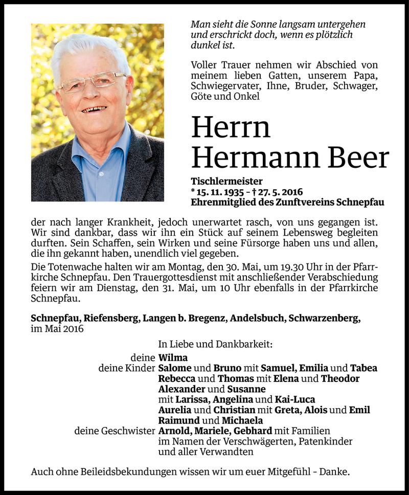  Todesanzeige für Hermann Beer vom 29.05.2016 aus Vorarlberger Nachrichten