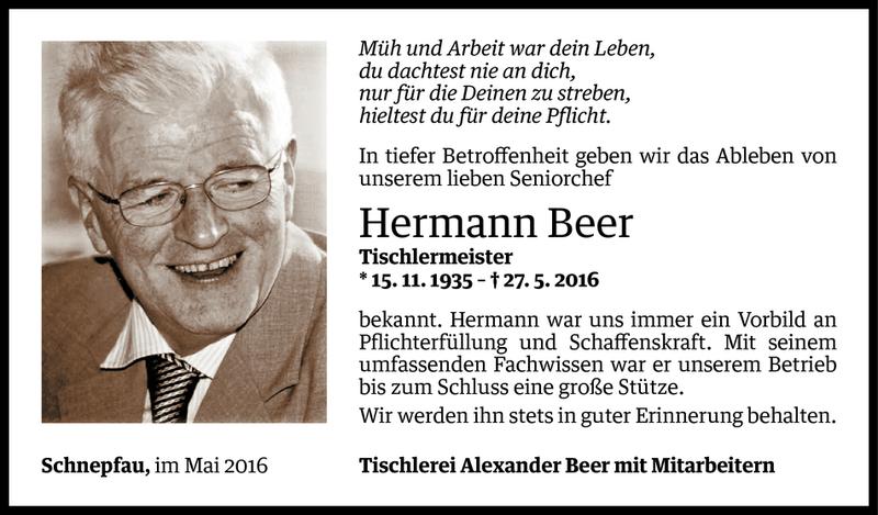  Todesanzeige für Hermann Beer vom 29.05.2016 aus Vorarlberger Nachrichten
