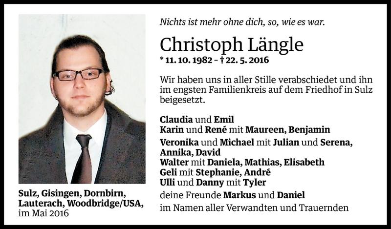  Todesanzeige für Christoph Längle vom 01.06.2016 aus Vorarlberger Nachrichten