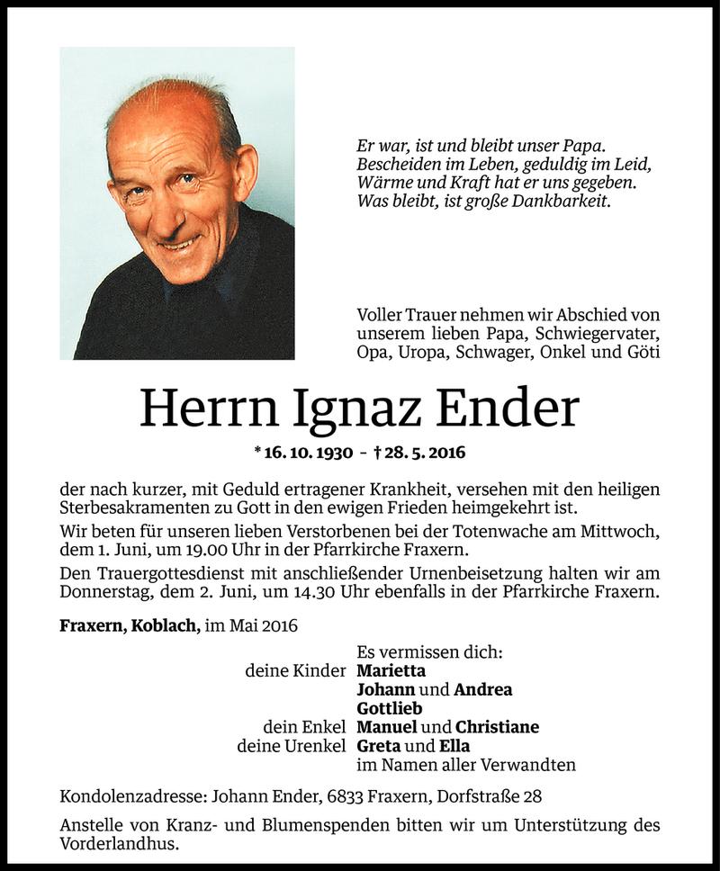  Todesanzeige für Ignaz Ender vom 31.05.2016 aus Vorarlberger Nachrichten