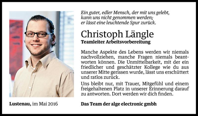  Todesanzeige für Christoph Längle vom 01.06.2016 aus Vorarlberger Nachrichten