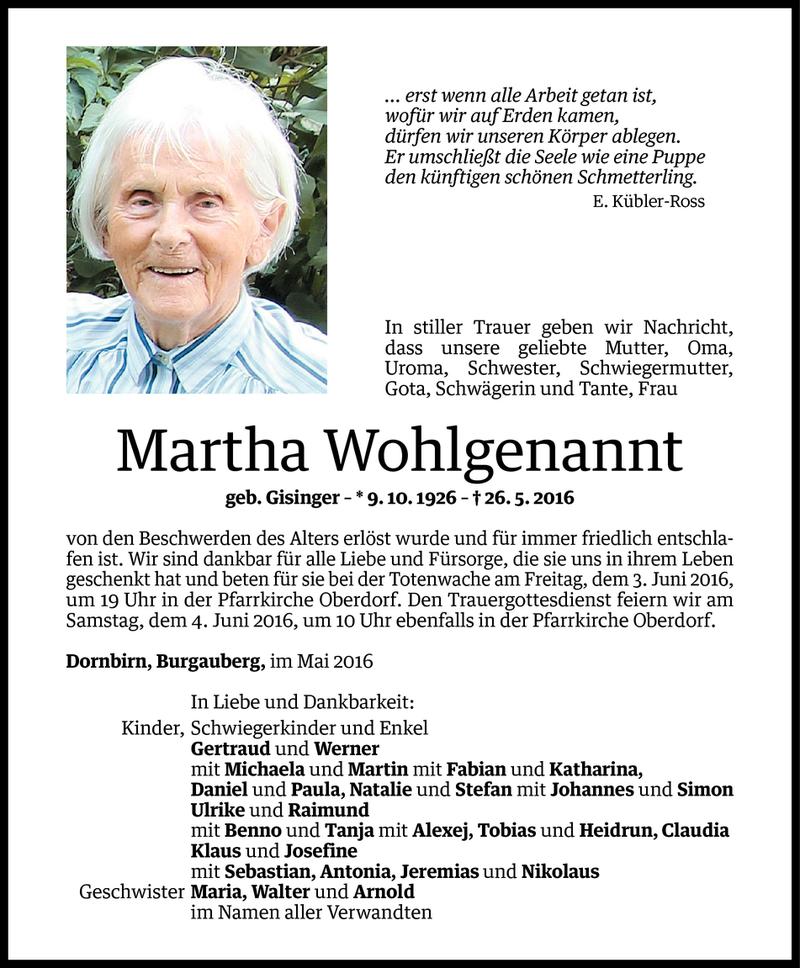  Todesanzeige für Martha Wohlgenannt vom 31.05.2016 aus Vorarlberger Nachrichten