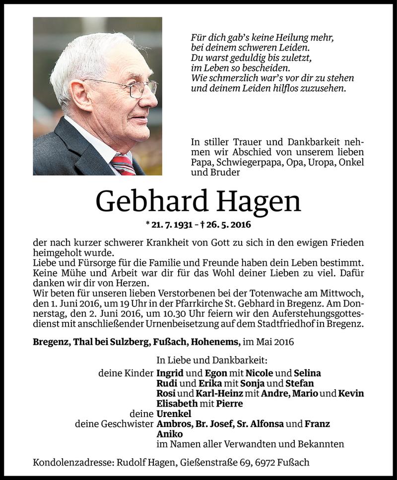  Todesanzeige für Gebhard Hagen vom 30.05.2016 aus Vorarlberger Nachrichten