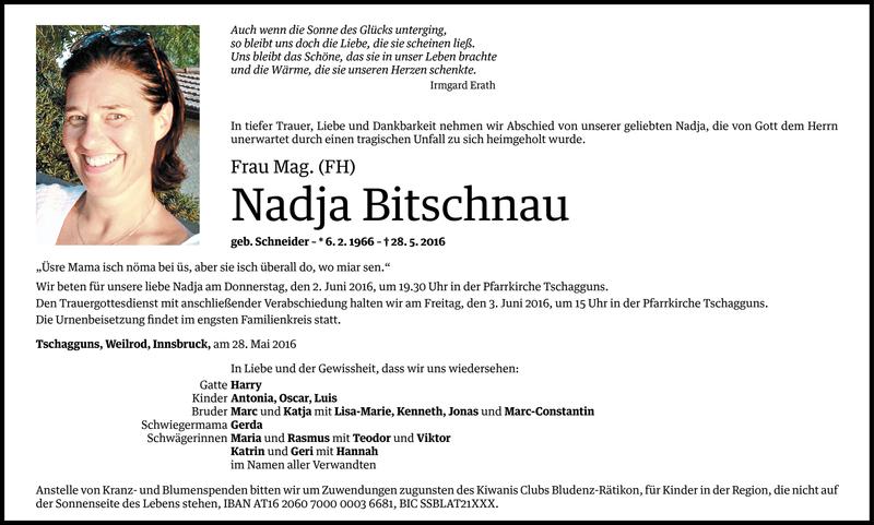  Todesanzeige für Nadja Bitschnau vom 30.05.2016 aus Vorarlberger Nachrichten