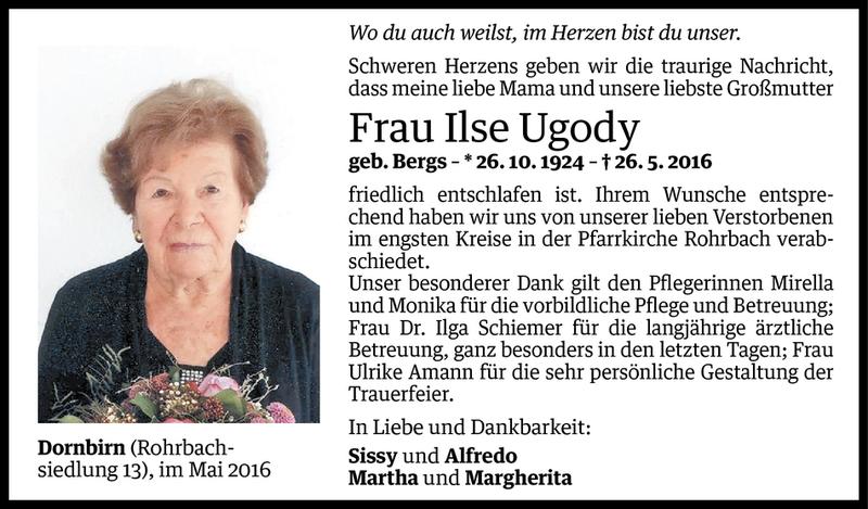  Todesanzeige für Ilse Ugody vom 31.05.2016 aus Vorarlberger Nachrichten