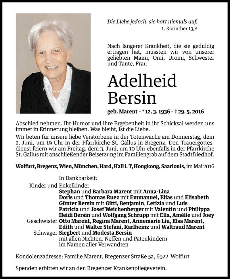  Todesanzeige für Adelheid Bersin vom 30.05.2016 aus Vorarlberger Nachrichten